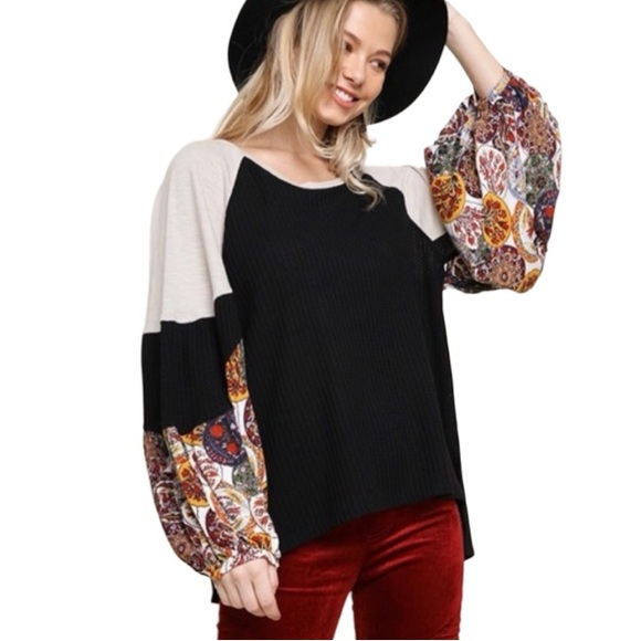 Umgee Tops - Umgee Oversized Waffle Knit Ballon Sleeve Mixed Media Bohemian Blouse Top
